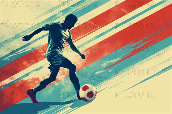 A soccer player dribbles and kicks a soccer ball. Abstract vintage grungy poster style with muted colors, AI generated