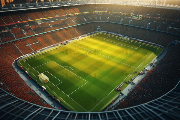 Aerial bird eye top view of a soccer football field stadium, AI generated