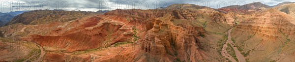 Panorama, gorge with eroded red sandstone rocks, Konorchek Canyon, Boom Gorge, aerial view, Kyrgyzstan, Asia