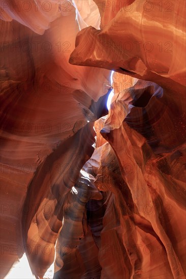 Naturally formed sandstone canyon with light shining through narrow openings, Upper Antelope Canyon, North America, USA, South-West, Arizona, North America