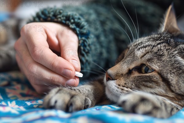 Human giving medicine pill to cat. KI generiert, generiert, AI generated