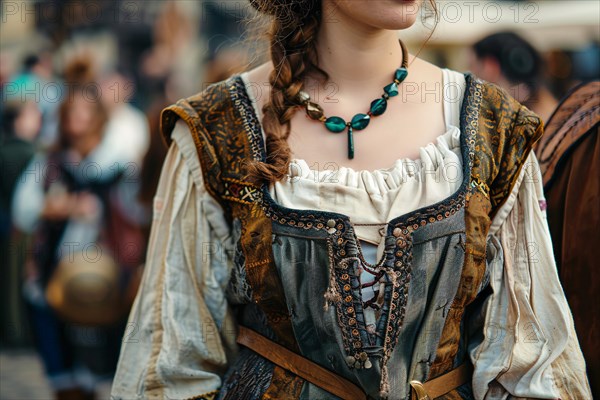 Woman's medieval style fantasy role playing dress costume at renaissance fair. KI generiert, generiert, AI generated