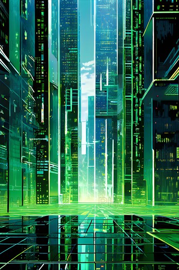 AI generated illustration of a cityscape with skyscrapers and holographic elements in grey and green color