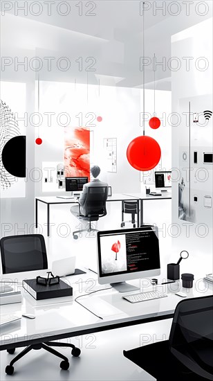 A clean, minimalistic office setup in grayscale with red highlights indicating a modern workspace, illustration, AI generated