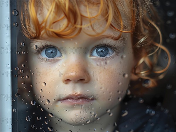 Bad weather, child looks sadly outside through a rainy window pane, AI generated