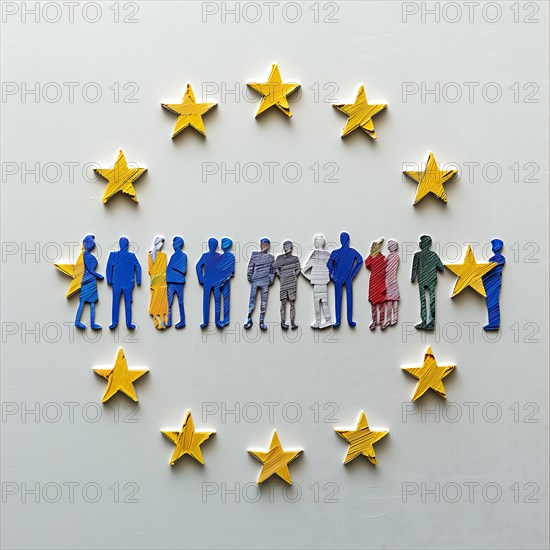 Colourful paper figures representing the diverse community of Europe, surrounded by EU stars, AI generated