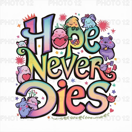 Illustration of cheerful cartoon bears and positive message 'Hope Never Dies' among flowers and stars, AI generated