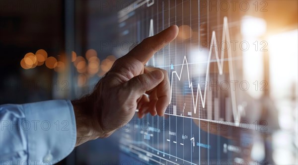 A man is pointing at a graph on a transparent screen showing market and economy trends, AI generated