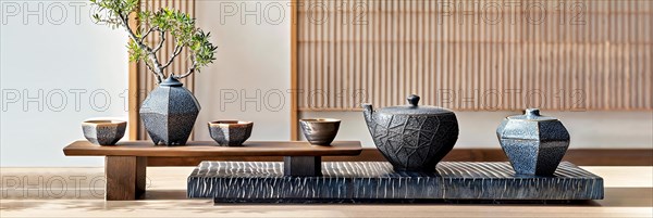 A modern take on the traditional Japanese tea ceremony, presented in a minimalist setting that expresses classic hospitality and grace in a contemporary way, tea service, Japan, AI generated, AI generated, Asia