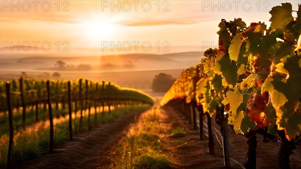 AI generated sunrise over a lush vineyard during autumn with harvest dew kissed grapes glistening