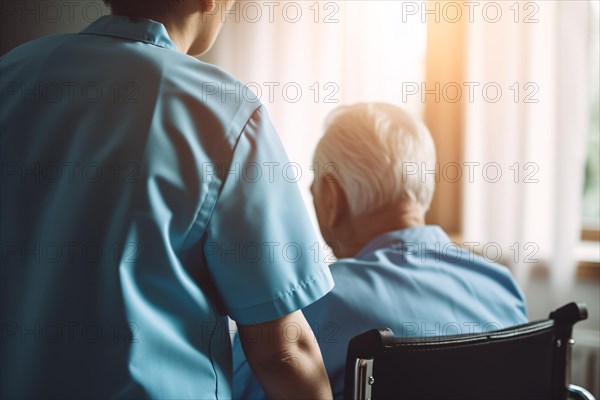 Back view of nurse taking care of elderly person in wheelchair. KI generiert, generiert, AI generated