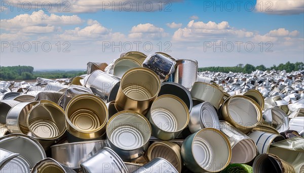 Symbol photo, waste, a large quantity of empty open tinplate cans on a heap, AI generated, AI generated