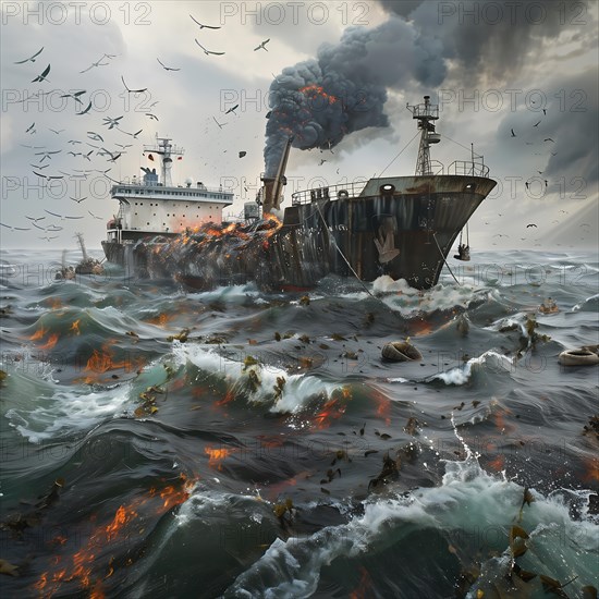 A burning ship wrecks in the stormy sea, surrounded by smoke and flying Birds, pollution, environmental protection, AI generated