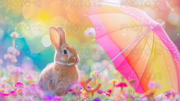 A tender rabbit under a colorful umbrella amidst vibrant flowers and raindrops, AI generated