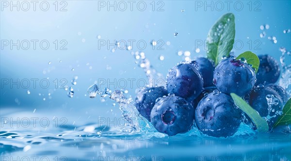 Fresh blueberries floating in water. A concept of vegetarian lifestyle and vegetarian diet, AI generated