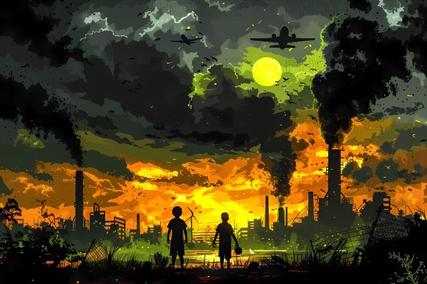 Two silhouetted children watching a dystopian skyline with warplanes under an orange sunset, 3D, illustration, AI generated