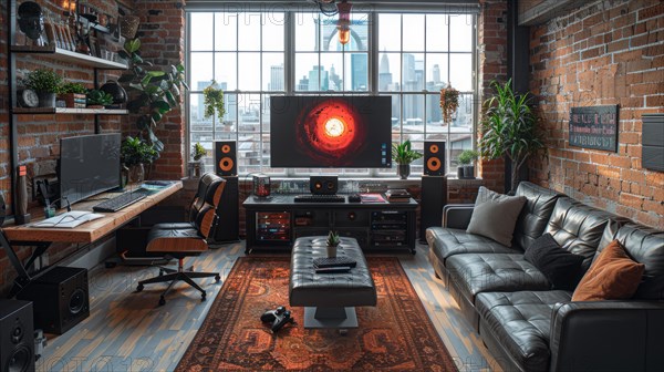 A living room with exposed brick and a contemporary tech workspace, AI Generated, AI generated