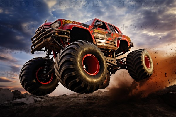 Monster truck driving and jumping outdoors amidst a cloud of dust. Thrill and adrenaline of an outdoor racing event on off-road terrain, AI generated