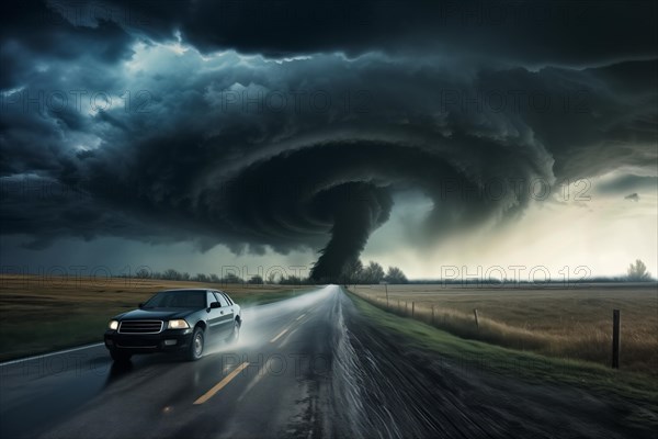 Disaster catastrophe storm concept, tornado in a field in the USA with car on road escaping tornado in field under stormy dark sky, AI generated