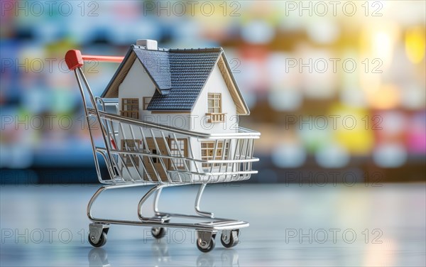 Real estate shopping concept, a house is a shopping cart on blurred bokeh background, AI generated