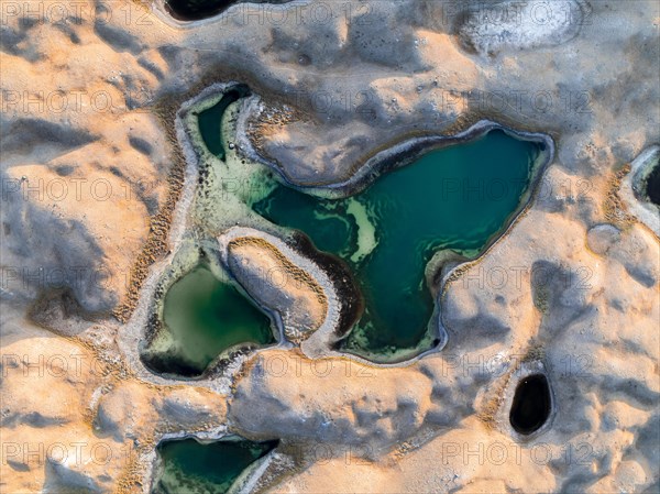 Barren landscape with turquoise lakes, aerial view, top-down view, Chong-Alay District, Kyrgyzstan, Asia