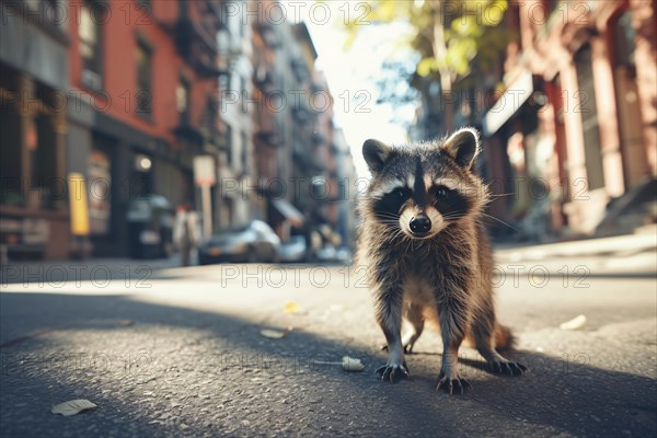 Wild racoon in city street. KI generiert, generiert, AI generated