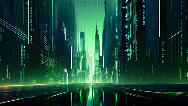 AI generated illustration of a cityscape with skyscrapers and holographic elements in green color tones