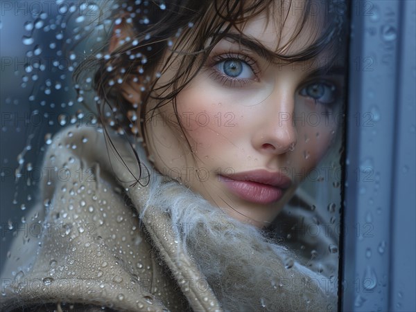 Bad weather, a woman looks sadly outside through a rainy window pane, AI generated