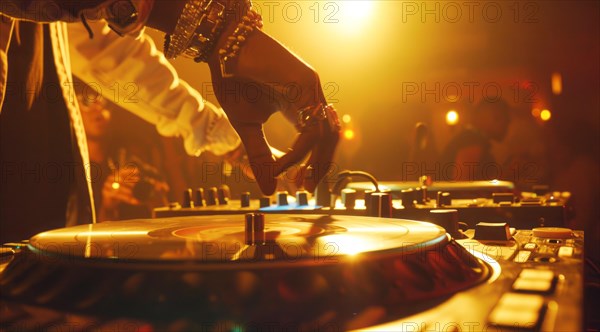 DJ is playing modern electronic music at a popular nightclub, AI generated