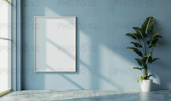 A blank image frame mockup on a pale gray-blue wall in a minimalistic modern interior room AI generated