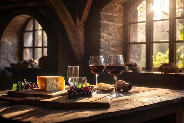 AI generated cellar wine tasting setup featuring rustic wooden table supporting several glasses of red wine