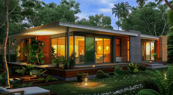 A large private house villa with a pool and a garden. Modern architecture with bright big interiors, AI generated