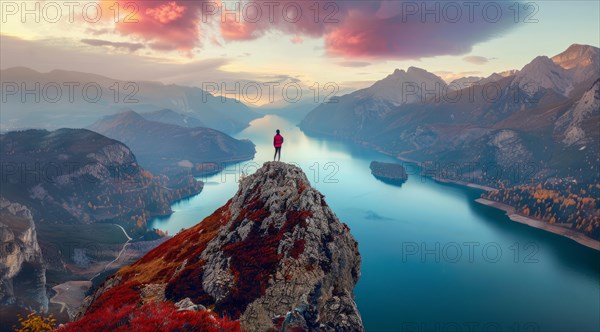 A man stands on a mountain top overlooking a beautiful lake. Concept of personal success, AI generated
