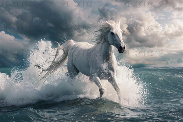 White horse running in the sea, AI generated