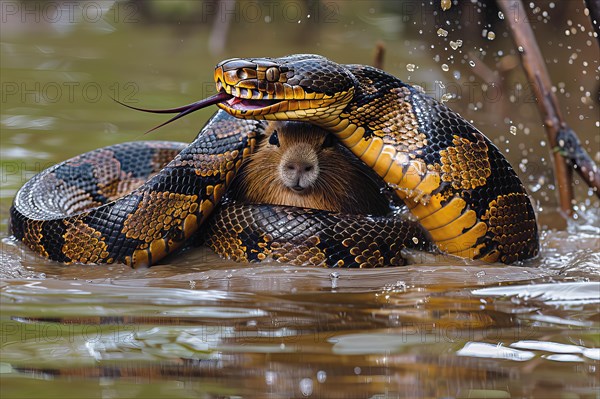 Large anaconda chasing a capybara, AI generated