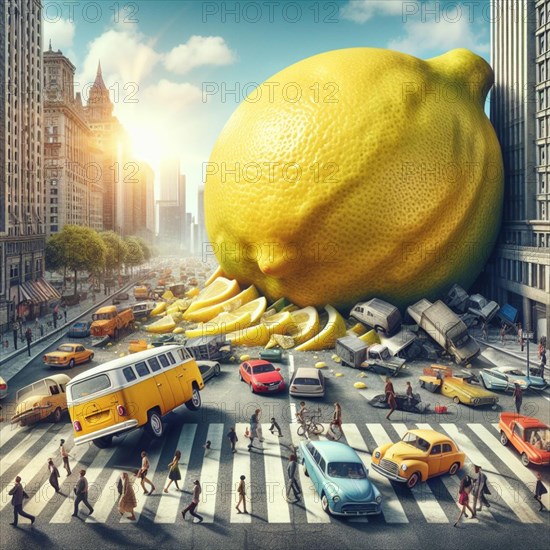 Imaginative urban scene featuring a giant lemon overwhelming the streets with vehicles and pedestrians navigating around the gigantic fruit amidst the chaos of a distorted city, AI generated