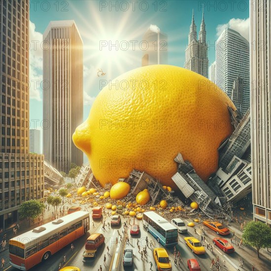 Surreal urban scene dominated by a giant lemon resting between skyscrapers, with vehicles and people navigating around the colossal citrus amidst a bustling city backdrop under a radiant sun, AI generated