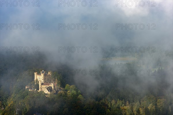 Hohenschwangau Castle and Schwansee in autumn, Romantic Road, Ostallgaeu, Allgaeu, Bavaria, Germany, Europe