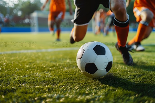 A soccer player kicks a ball on a football stadium field during game, AI generated