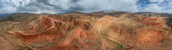 Panorama, gorge with eroded red sandstone rocks, Konorchek Canyon, Boom Gorge, aerial view, Kyrgyzstan, Asia