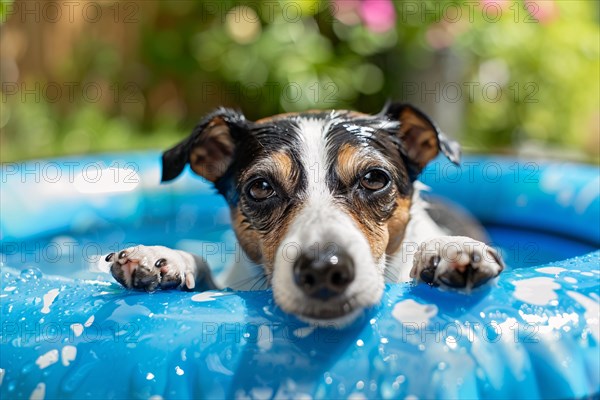 Cute dog in paddling pool with water in summer. KI generiert, generiert, AI generated