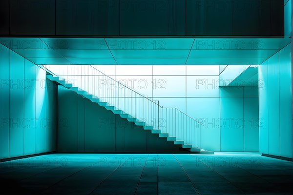 AI generated minimalist architectural shot of cyan walls intersecting around a modern stairway