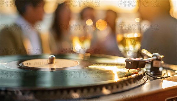 Close-up of a vinyl record playing on a turntable with a blurry social gathering in the background, AI generated