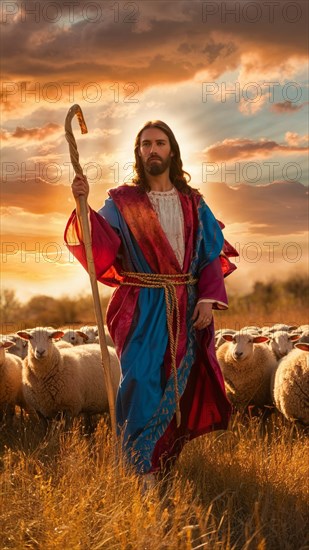 Figurative representation of a Biblical shepherd with sheep at sunset, AI generated