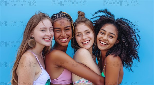 A group of women are smiling and posing for a photo. They are wearing bikinis and hats, AI generated