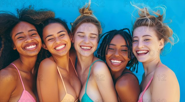 A group of women are smiling and posing for a photo. They are wearing bikinis and hats, AI generated