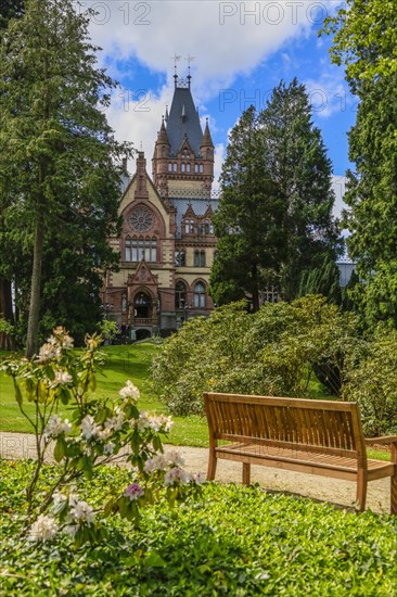 Drachenburg Castle, Drachenfels, mountain in the Siebengebirge mountains above the Rhine between Koenigswinter and Bad Honnef, North Rhine-Westphalia, Germany, Europe