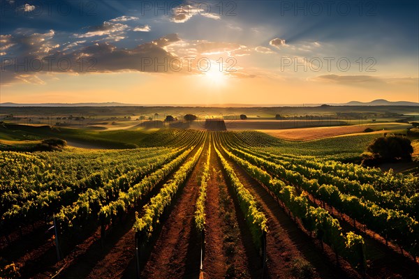 AI generated aerial view of a vineyard landscape interspersed with blooming wildflowers in spring