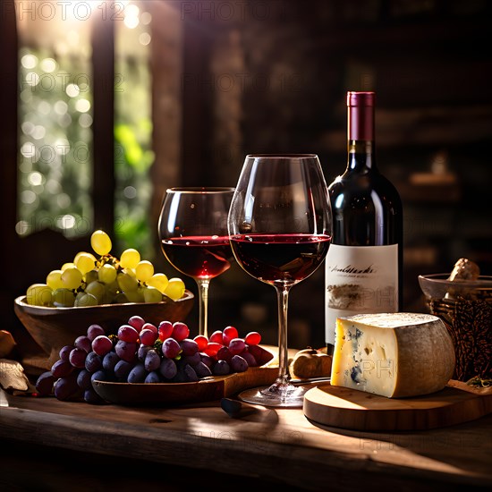 AI generated cellar wine tasting setup featuring rustic wooden table supporting several glasses of red wine