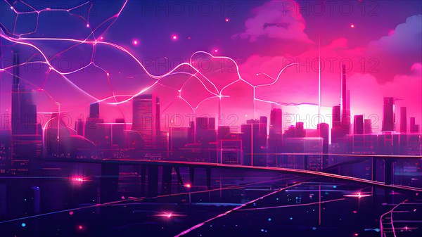 Ai generated conceptual illustration of a neuronal network with city skyline in the background in pink colors, AI generated